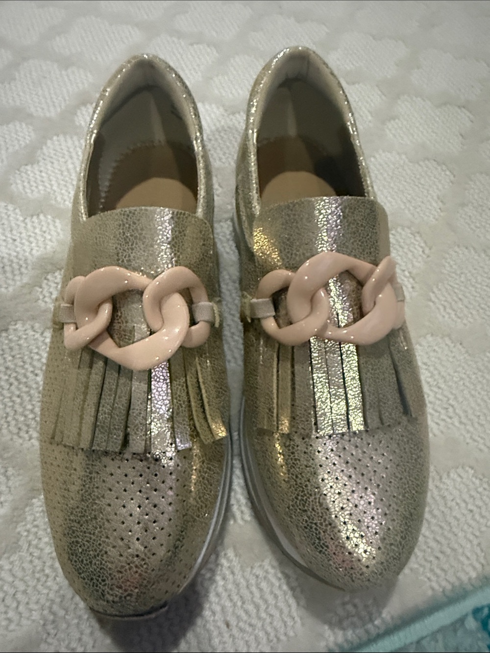 Crown & Ivy Women’s Metallic Gold Slip-On Loafers with beige Chain Accent